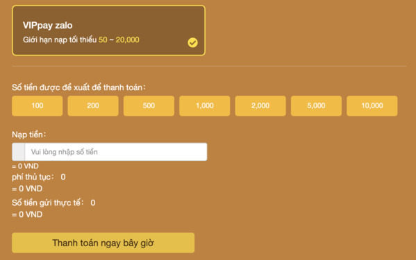 Giao diện nạp tiền bằng ví điện tử Zalo Pay